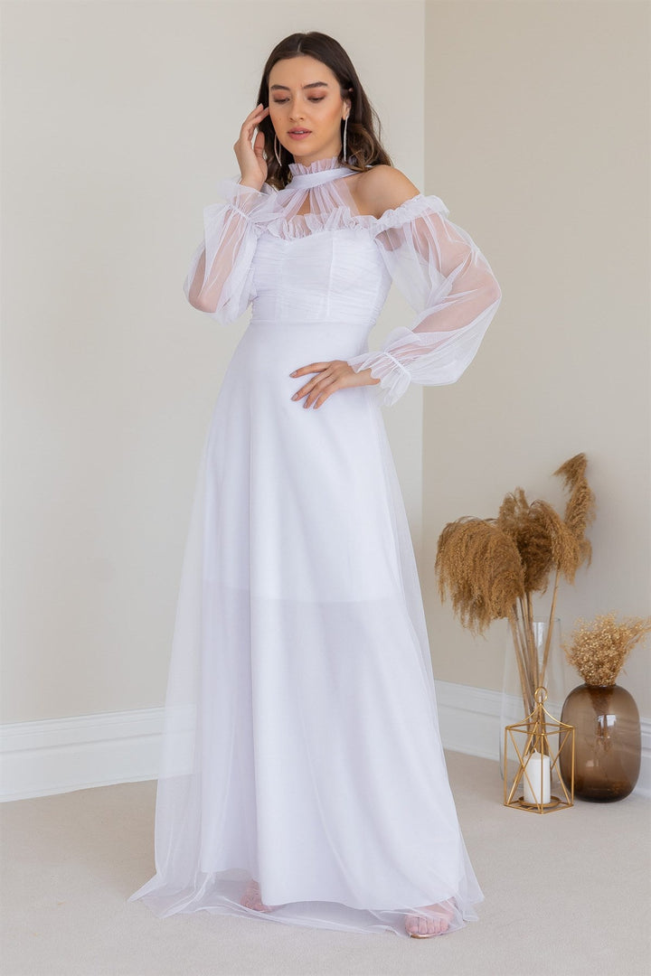 Beyaz Tül Drapeli Büyük Beden Abiye Elbise - Elbise Delisi