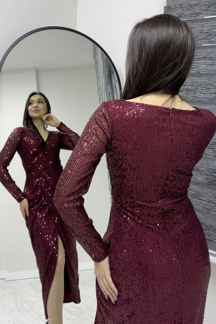 Bordo Kruvaze Yaka Payet Tasarım Uzun Kollu Abiye Elbise - Elbise Delisi