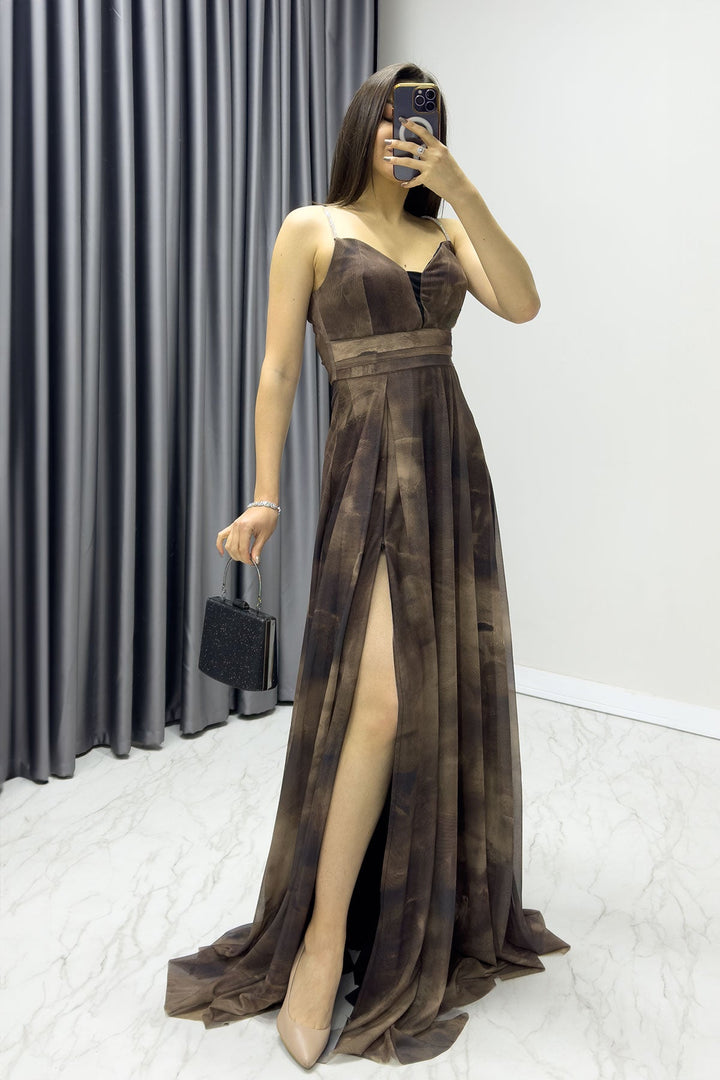 Kadın Batik Taş Askılı Ayarlanabilir Yırtmaçlı Büyük Beden Abiye Elbise - Elbise Delisi