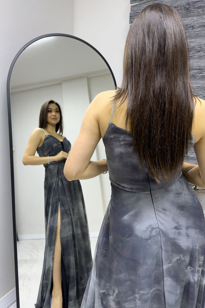 Kadın Gri Taş Askılı Ayarlanabilir Yırtmaçlı Büyük Beden Abiye Elbise - Elbise Delisi