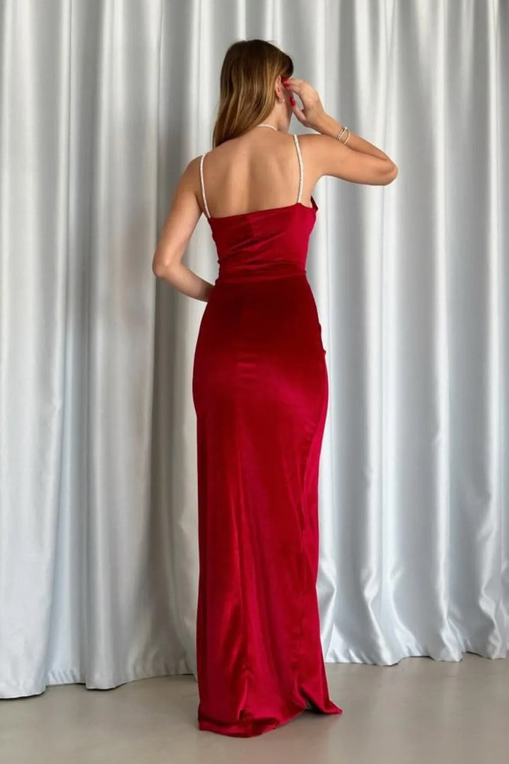 Kadın Kırmızı Taş İnce Askılı Yırtmaçlı Kadife Yeni Sezon Abiye Elbise - Elbise Delisi