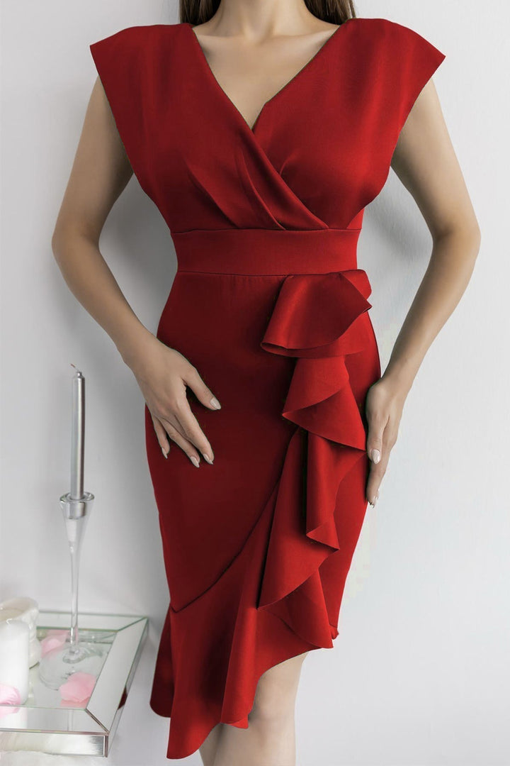Kadın Midi Boy Sıfır Kol Fırfır Etek Tasarım Büyük Beden Elbise-Kırmızı - Elbise Delisi