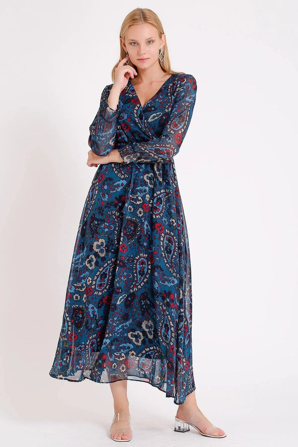 Kadın Petrol Mavisi Şal Desen Kruvaze Yaka Şifon Elbise - Elbise Delisi