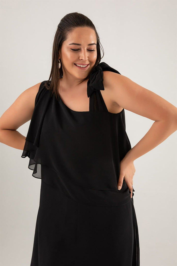 Kadın Siyah Tek Omuz Bağlamalı Şifon Büyük Beden Elbise - Elbise Delisi