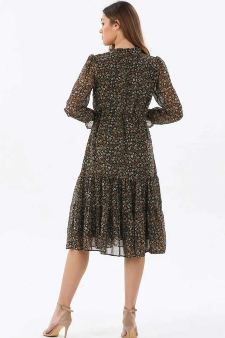 Kahverengi Çiçekli Yaka Bağlamalı Kemerli Büyük Beden Şifon Elbise - Elbise Delisi