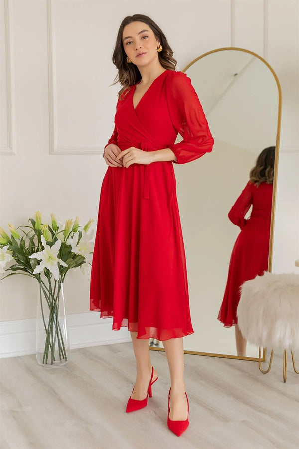 Kırmızı Balon Kol Kruvaze Midi Boy Şifon Elbise - Elbise Delisi