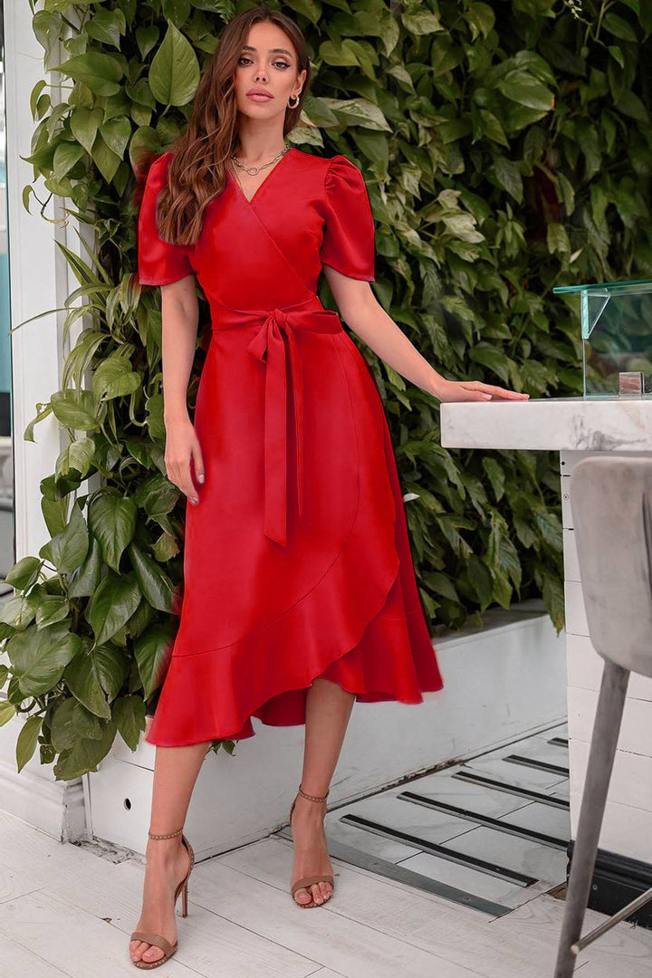 Kırmızı Kısa Karpuz Kol Kruvaze Kuşaklı Büyük Beden Elbise - Elbise Delisi