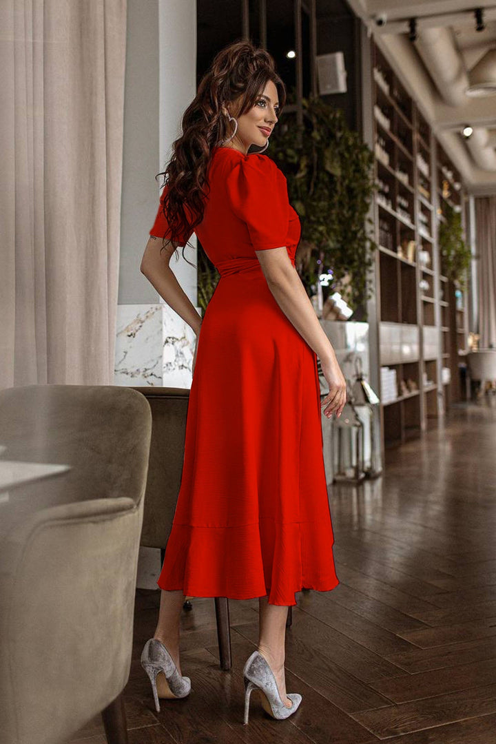 Kırmızı Kısa Karpuz Kol Kruvaze Kuşaklı Büyük Beden Elbise - Elbise Delisi