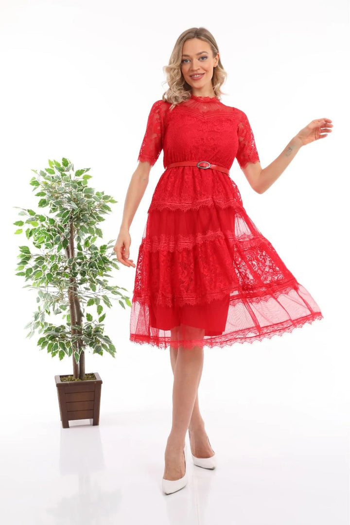 Kırmızı Kısa Kol Güpürlü Abiye Elbise - Elbise Delisi