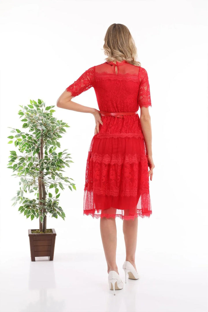 Kırmızı Kısa Kol Güpürlü Abiye Elbise - Elbise Delisi