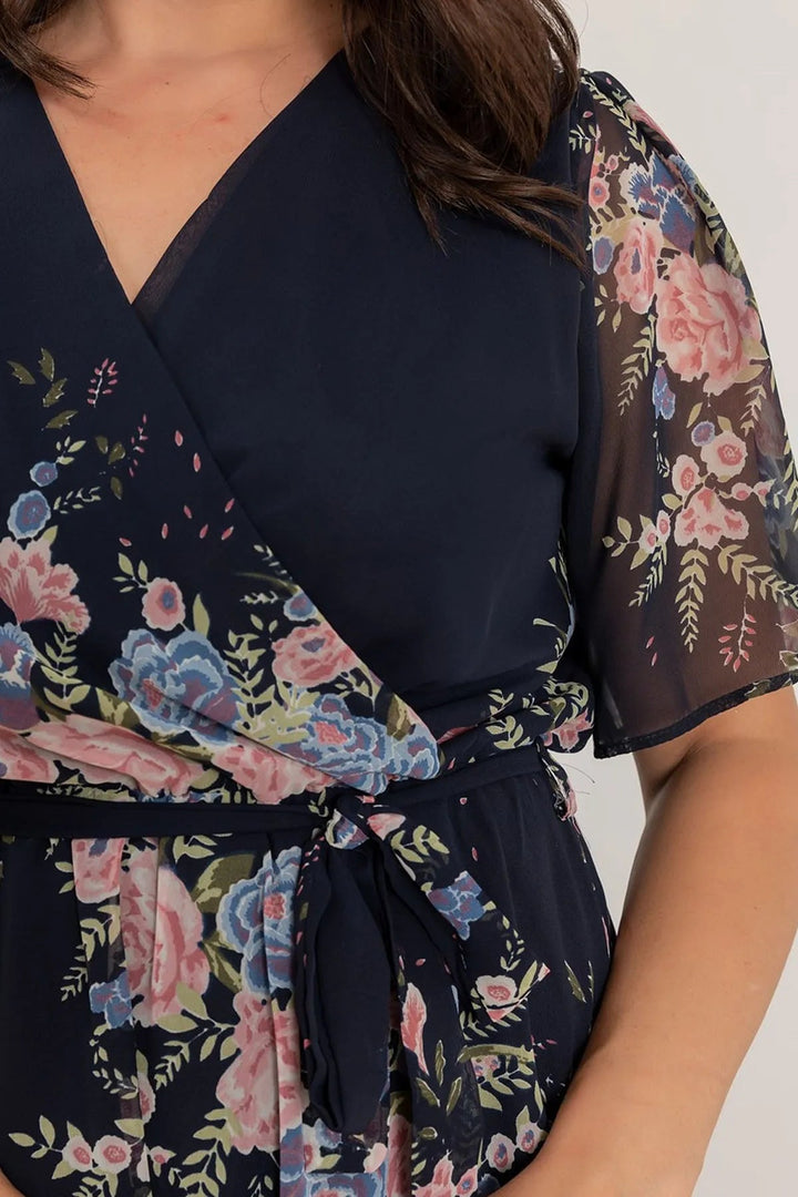 Lacivert Çiçekli Kısa Kol Astarlı Büyük Beden Şifon Elbise - Elbise Delisi