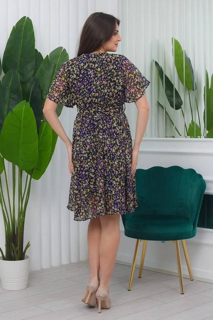Mini Çiçekli Kloş Yarım Kol Büyük Beden Şifon Elbise - Elbise Delisi