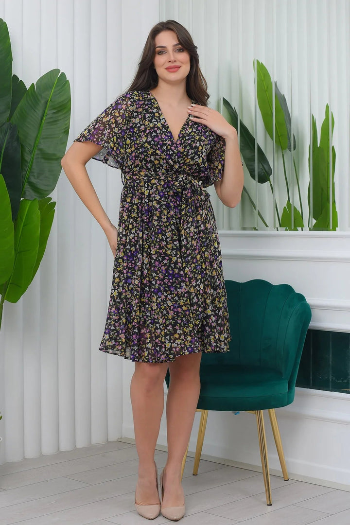 Mini Çiçekli Kloş Yarım Kol Büyük Beden Şifon Elbise - Elbise Delisi
