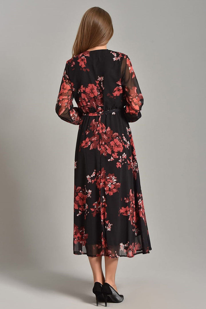 Nar Çiçeği Desenli Kruvaze Yaka Şifon Büyük Beden Elbise - Elbise Delisi
