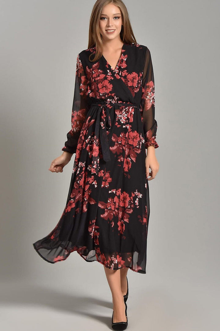Nar Çiçeği Desenli Kruvaze Yaka Şifon Büyük Beden Elbise - Elbise Delisi