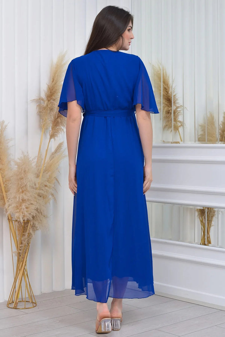 Saks Mavisi Şifon Sıfır Kol Büyük Beden Elbise - Elbise Delisi
