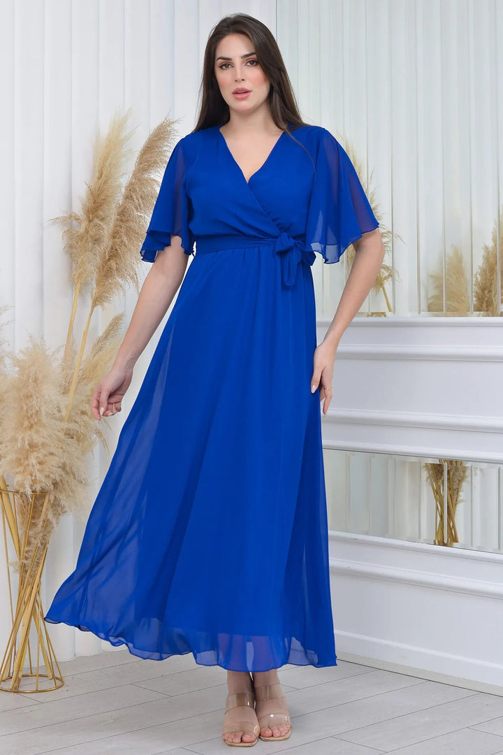 Saks Mavisi Şifon Sıfır Kol Büyük Beden Elbise - Elbise Delisi