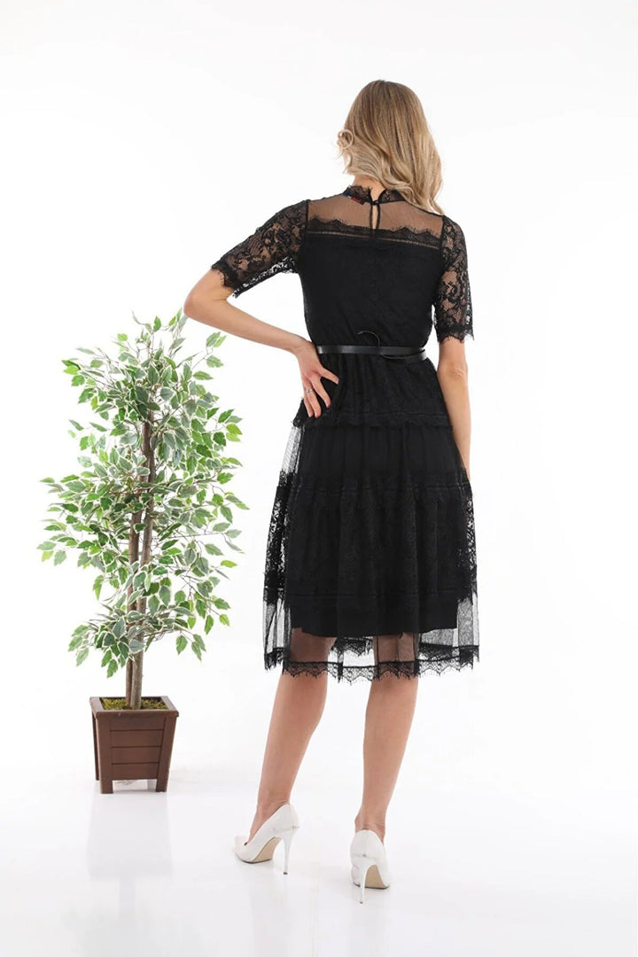 Siyah Kısa Kol Güpürlü Abiye Elbise - Elbise Delisi