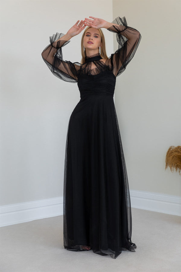 Siyah Tül Drapeli Büyük Beden Abiye Elbise - Elbise Delisi