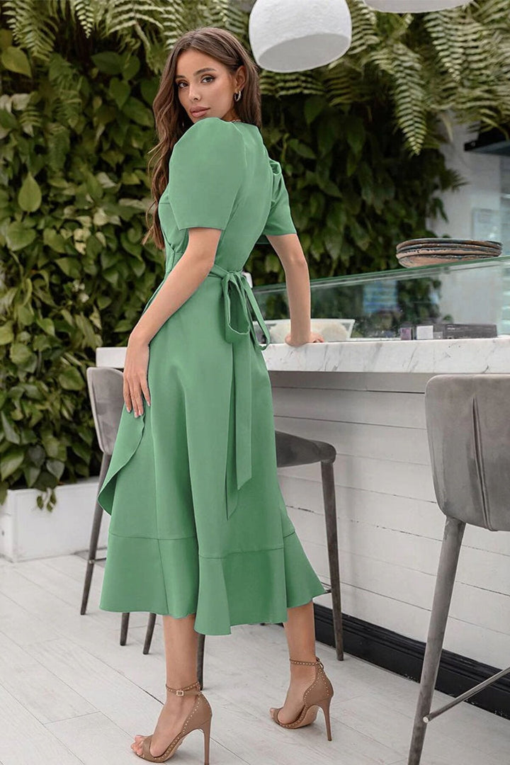 Su yeşili Kısa Karpuz Kol Kruvaze Kuşaklı Büyük Beden Elbise - Elbise Delisi