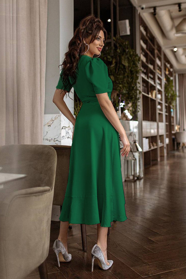 Yeşil Kısa Karpuz Kol Kruvaze Kuşaklı Büyük Beden Elbise - Elbise Delisi