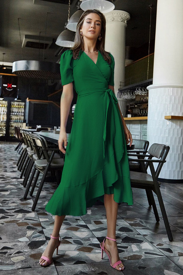 Yeşil Kısa Karpuz Kol Kruvaze Kuşaklı Büyük Beden Elbise - Elbise Delisi